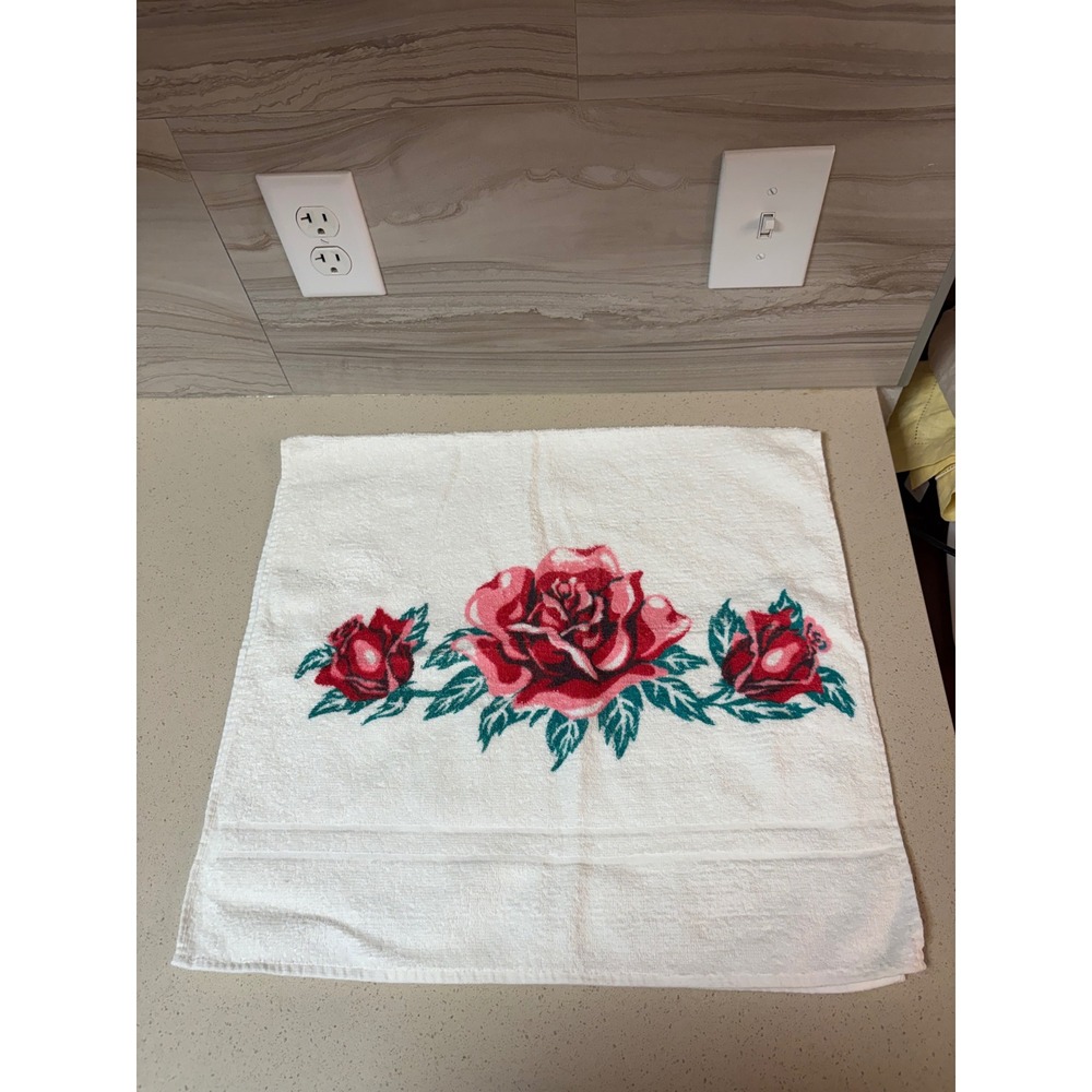 Vintage Cannon White Hand Towel Red Rose Floral Print Cotton Terry 20x36